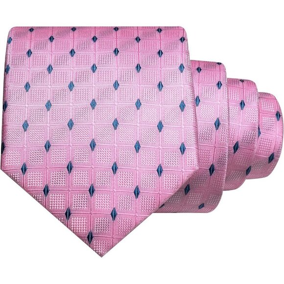 🆕Men Pink Plaid Checkered Necktie and Pocket with Tie Clip Lapel Pin Set Ties - Picture 3 of 4